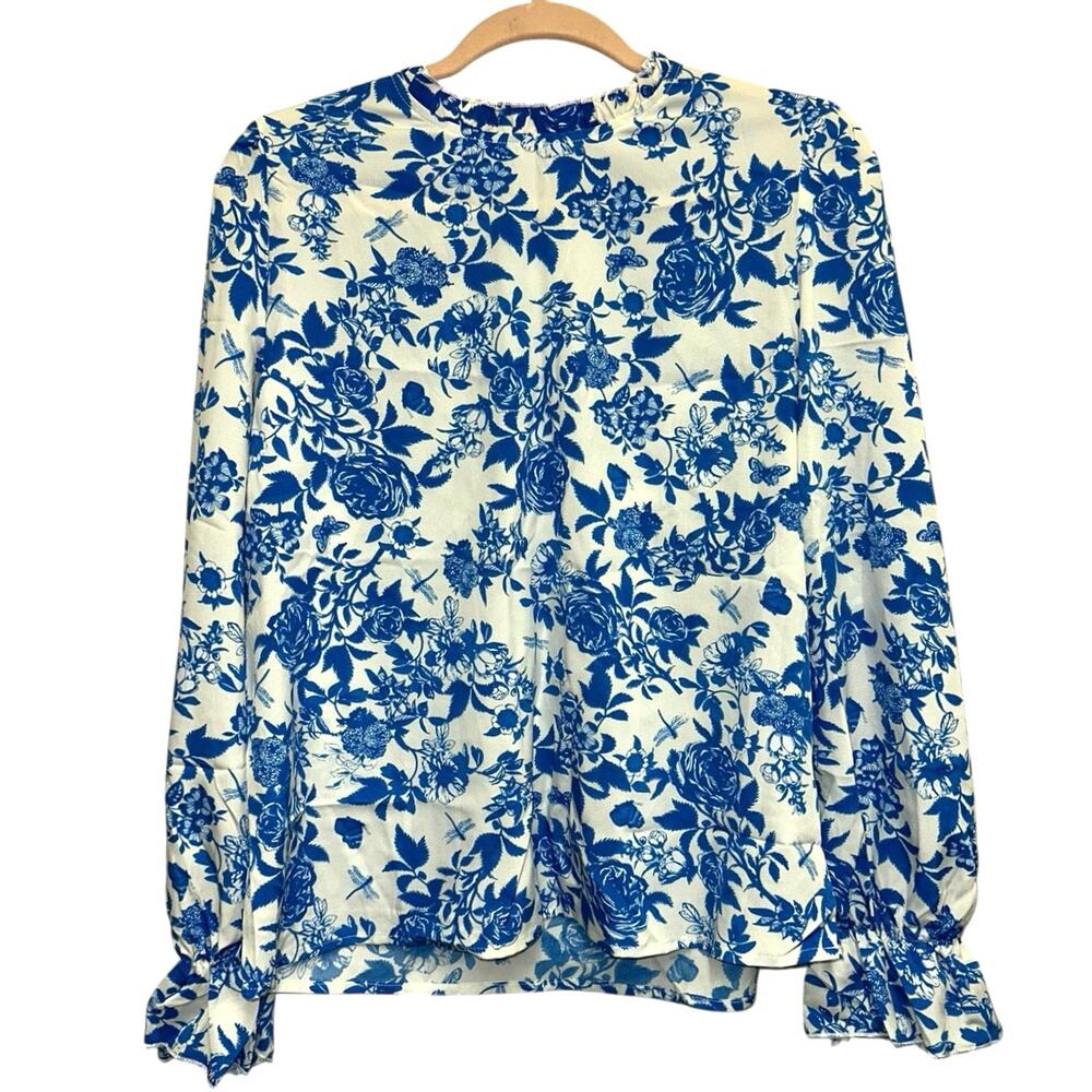 Shein Blue White Floral Blouse Ruffle Sleeve Cottagecore Lightweight Top Large